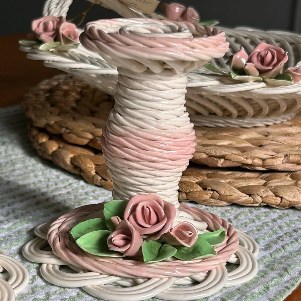 Whimsical Candlesticks Pair of 2 Rose Adorned Cream Pink 1991 Belleek Bev Sparks